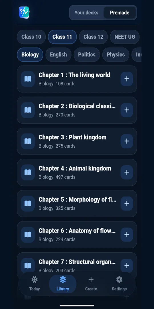 Erudite premade deck library filtered to Class 11 and 12 NCERT Biology