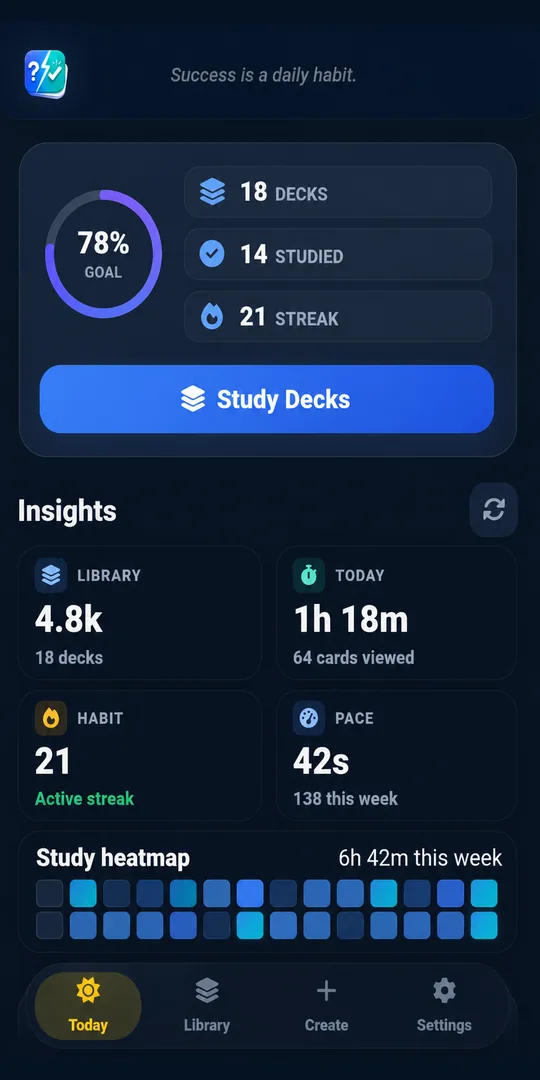 Erudite Today dashboard showing daily study goal, streak, study heat map, and review pace